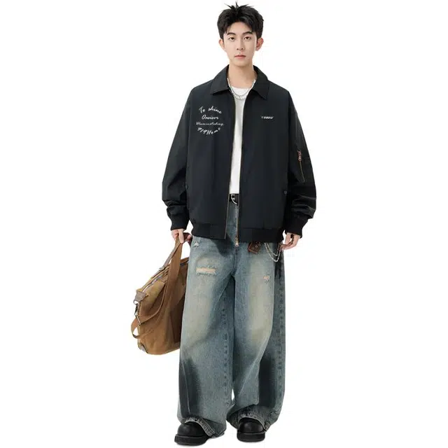 煦加 美式复古胸口字母印花设计外套日常出行酷帅时尚潮流百搭工装宽松痞帅翻领夹克 男女同款