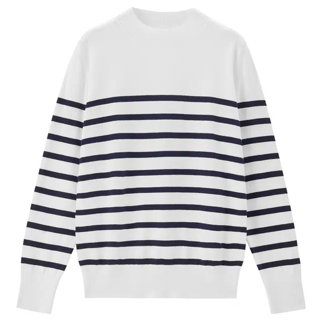 佐丹奴 海军风精梳纯棉条纹小高领毛织套头针织衫 女款