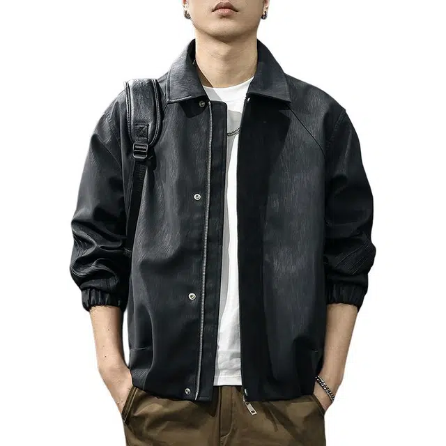 前进牛 阿美咔叽轻奢高端潮牌复古潮流暗黑酷感宽松翻领痞帅高街飞行员皮衣 男款