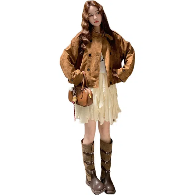 袋鼠 高级感洋气减龄双排扣翻领外套夹克 女款