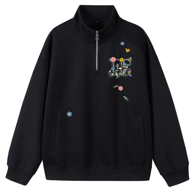 而度 国潮高街花朵印花半开襟宽松小众设计感上衣卫衣 男女同款