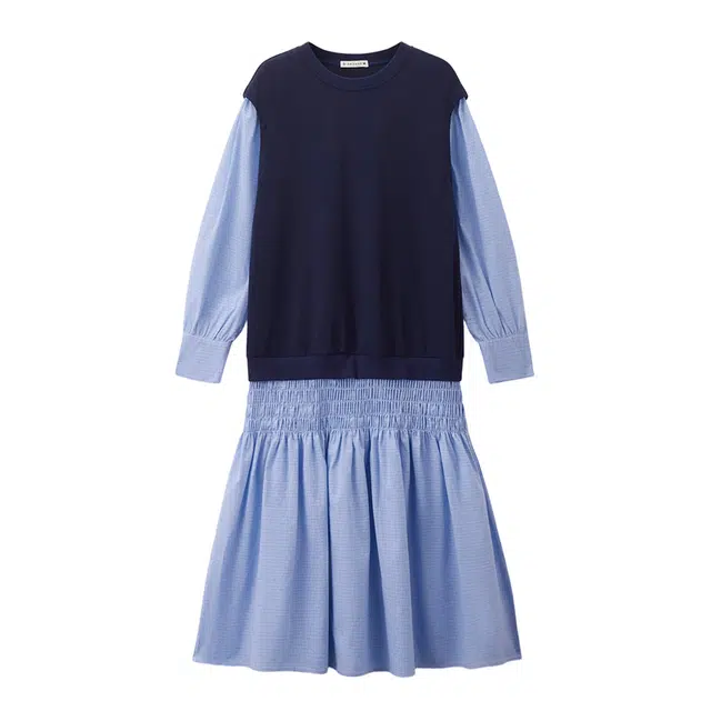 佐丹奴 假两件针梭织拼接圆领时尚长袖连衣裙 女款