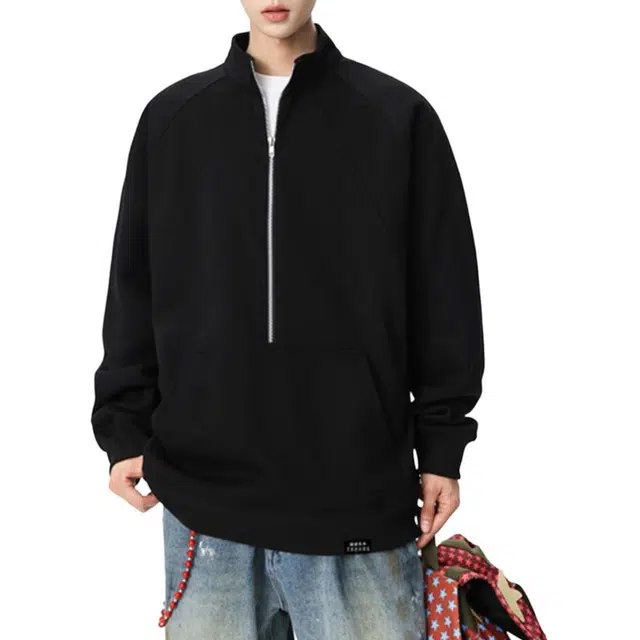 【半拉链缝线结构设计】赫赫良衣 美式复古痞帅高街风纯色基础款大口袋长袖上衣时尚简约宽松日常休闲百搭小众高级感韩系潮牌卫衣 男女同款