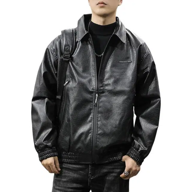 前进牛 秋季美式休闲经典潮牌酷感复古机车宽松潮流百搭痞帅翻领皮衣 男款