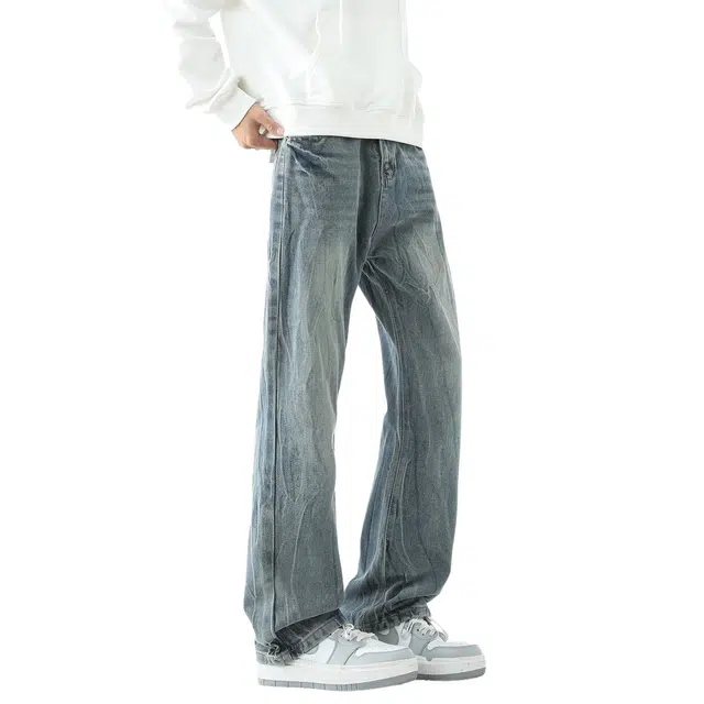 敦煌博物馆 美式高街闪电纹复古水洗做旧直筒休闲宽松百搭潮牌垂感牛仔裤 男女同款
