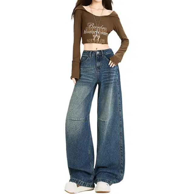 宝米卡 高街美式弧形弯刀复古长裤褶皱垂感拖地裤气质通勤休闲百搭直筒牛仔裤 女款