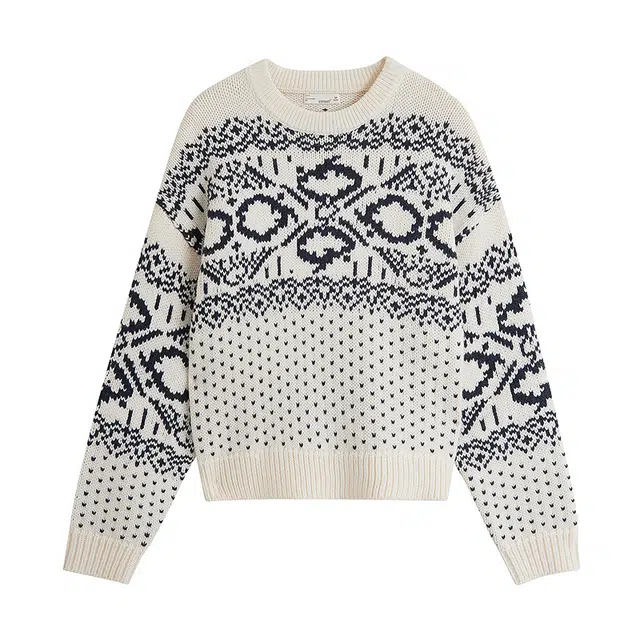 茵曼 澳毛绒提花圆领显瘦长袖宽松套头针织衫 女款