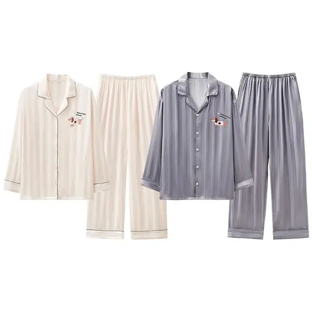 俏韵 翻领卡通春秋季冰丝简约长袖长裤甜美印花可爱舒适家居服可外穿睡衣套装 男女同款