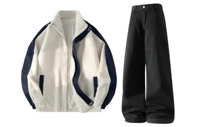 梓润格 宽松百搭痞帅保暖简约微喇弹力牛仔裤休闲运动套装 男女同款