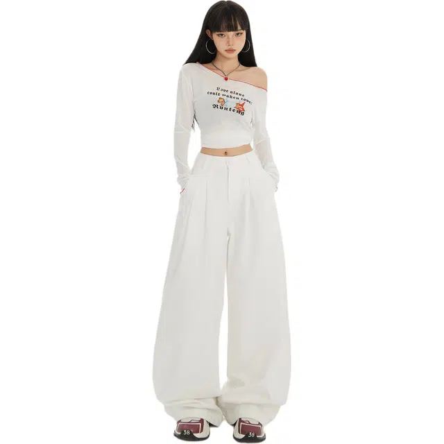 黛尔佳人 高腰宽松阔腿裤褶皱肌理感显瘦直筒女垂感拖地裤子牛仔裤 女款