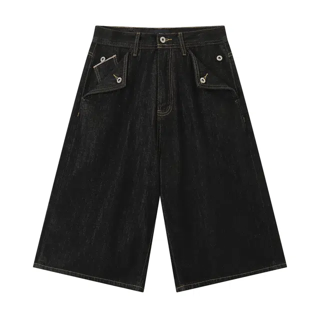 江南先生 城市接力赛 美式挺阔撞色斜纹七分阔腿裤子秋百搭休闲宽松牛仔短裤 男女同款