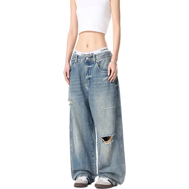 帝狼牛 美式复古破洞春秋设计感水洗宽松高腰阔腿休闲拖地裤牛仔裤 男女同款