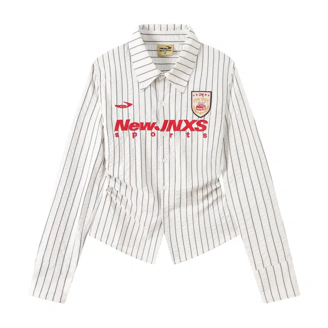 江南先生 城市接力赛 美式复古泡泡肌理条纹运动风校园秋情侣休闲上衣长袖衬衫 男女同款