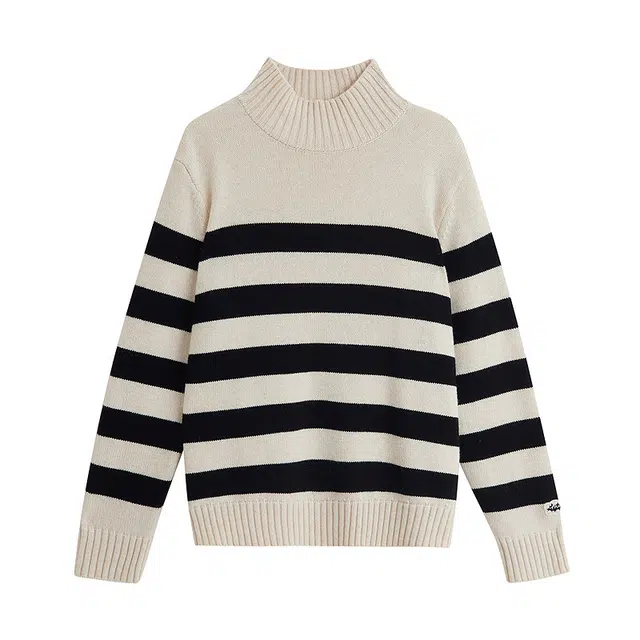 茵曼 澳毛绒条纹高领复古休闲宽松针织衫 女款