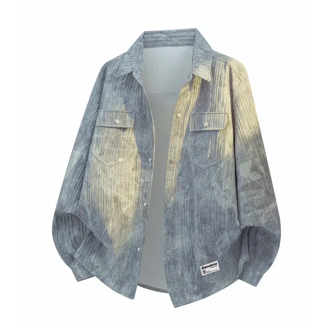 巴塞罗那足球俱乐部 美式潮牌复古扎染设计感防风户外运动外套高街简约休闲长袖衬衫 男女同款