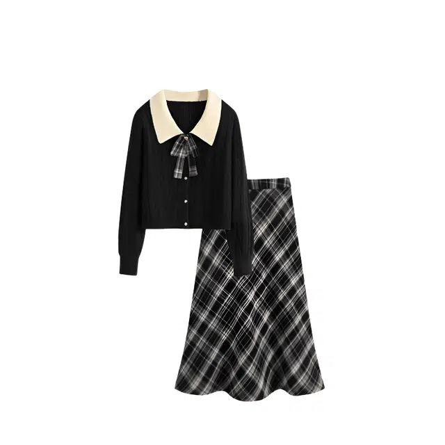 望莱仕 美拉德高级感撞色翻领针织长袖开衫毛衣女高腰格纹半身裙两件裙装套装 女款