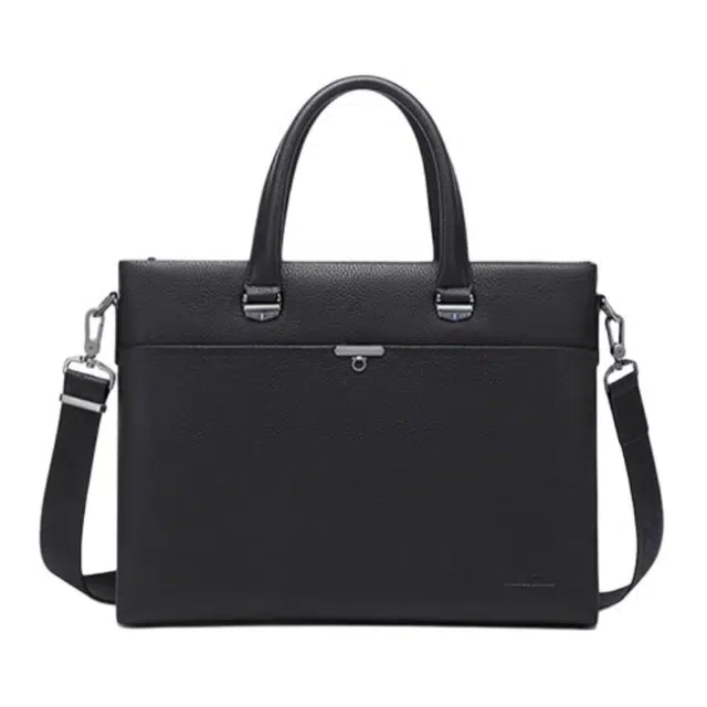 马莎兰缇 纯色时尚高端大容量简约百搭通勤 牛皮 电脑包手提包 常规 男款 黑色