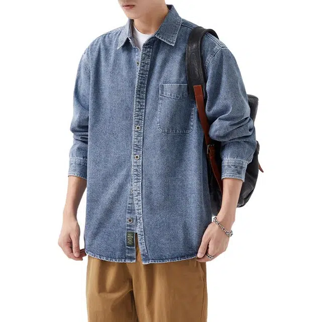 杜克恩 重磅工装水洗做旧牛仔春秋美式复古潮流纯色长袖休闲衬衫 男款