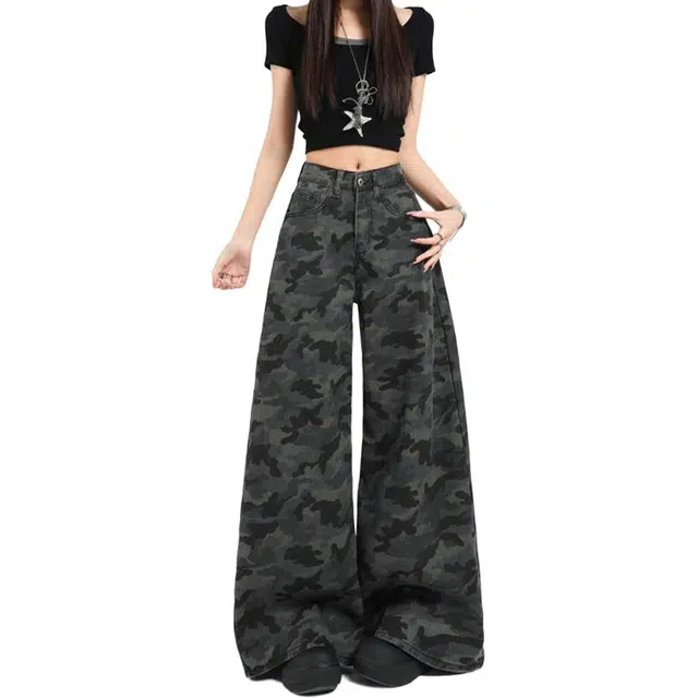 如续 设计美式高街迷彩阔腿女高腰宽松显瘦工装拖地牛仔裤 女款