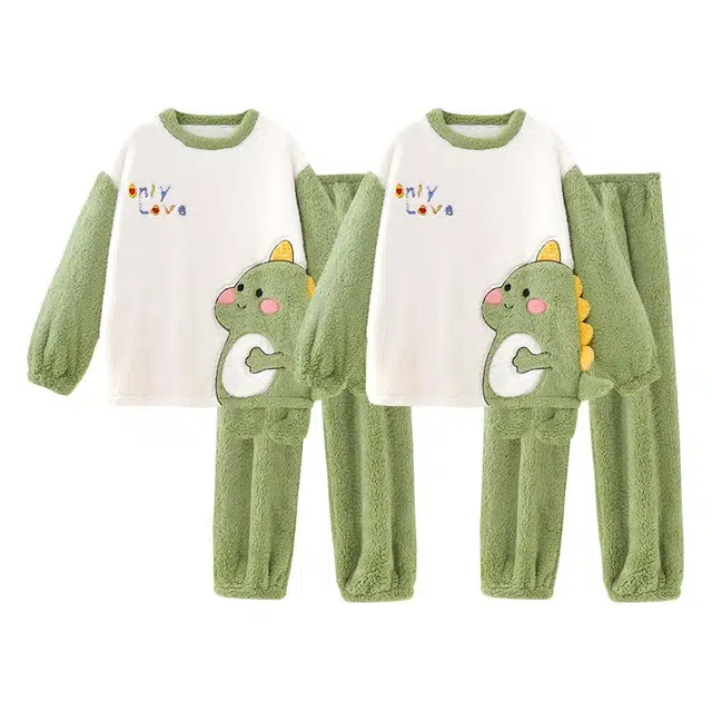 俏韵 圆领卡通小恐龙冬季加绒保暖简约长袖长裤甜美可爱舒适家居服可外穿睡衣套装 男女同款