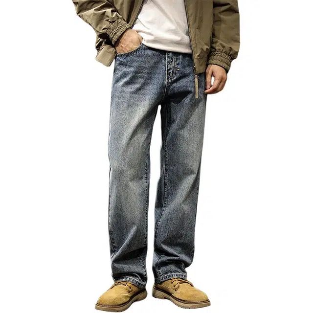 路杰邦 美式高端潮牌男士秋季宽松直筒男时尚百搭潮流刺绣休闲裤子牛仔裤 男款
