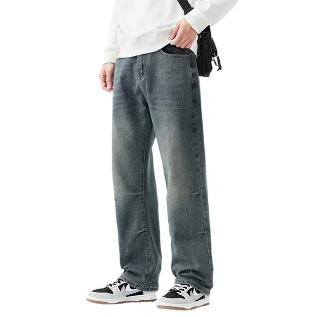 赛瀚 高街水洗阔腿牛仔裤男款美式复古褶皱设计直筒宽松长裤春秋厚款百搭舒适亲肤男装显瘦显高青少年潮流通勤外穿高级感男裤 男女同款