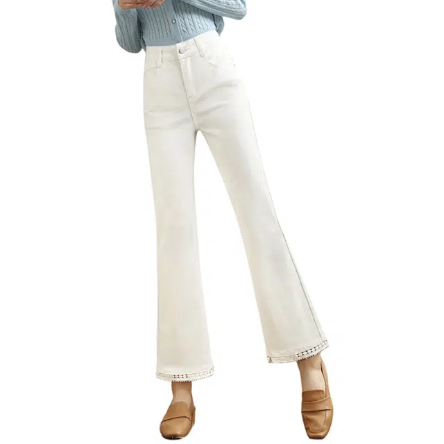 潞优野 蕾丝边百搭高腰显瘦小个子九分微喇牛仔裤 女款