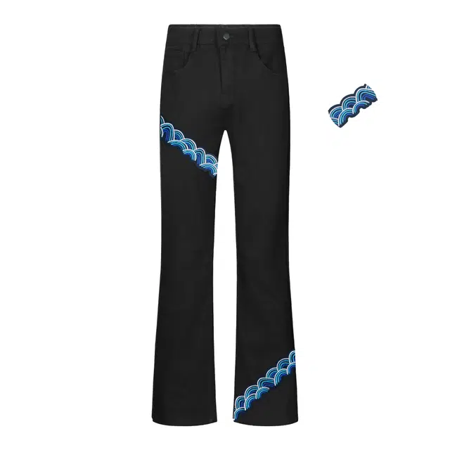 浮雕万针刺绣 极限涡轮 新中式祥云工艺复古水洗做旧纯色基础简约微喇牛仔裤 男女同款