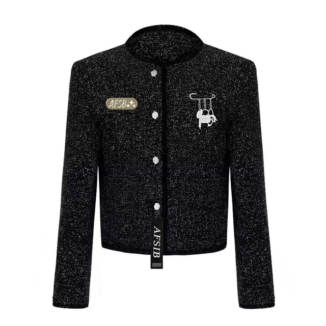 艾梵斯贝 美式复古高级感设计款无性别亮面肌理颗粒轻奢小香风贵气气质日常通勤百搭宽松休闲时尚商务短款垫肩外套夹克 男女同款