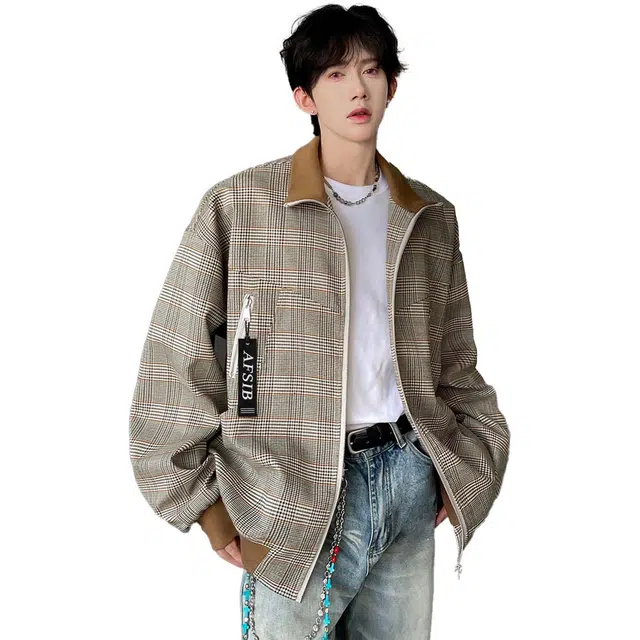 艾梵斯贝 美式复古潮流立领威尔士亲王格翻领拼接设计款无性别日常休闲时尚百搭高级感潮牌情侣款夹克 男女同款