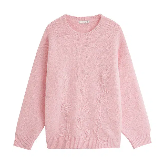 茵曼 温柔风浮雕花朵刺绣慵懒松弛感长袖针织衫 女款