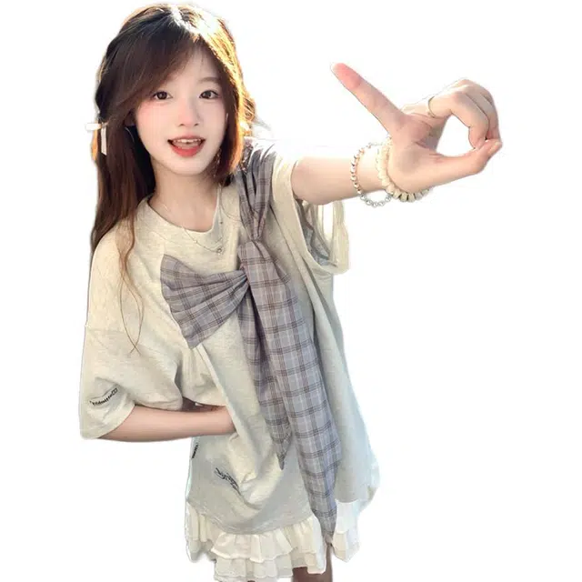 小卷要加油 蝴蝶结格子绑带常规短袖通勤风套头卫衣 女款