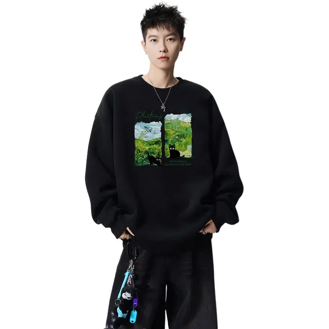 冈哉  美式经典基础款字母卡通印花圆领宽松百搭痞帅个性潮流潮牌时尚慵懒感学院风日常通勤柔软舒适亲肤上衣卫衣 男女同款