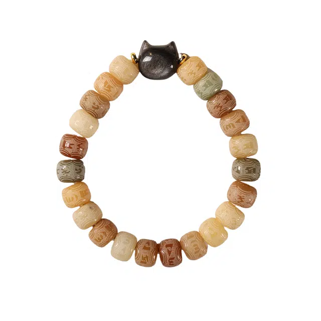 仙园韵 可爱呆萌猫头 五福吉祥雕刻文字串民族风小众文玩六字真言转运#好运 菩提根 手串 男女同款情侣款