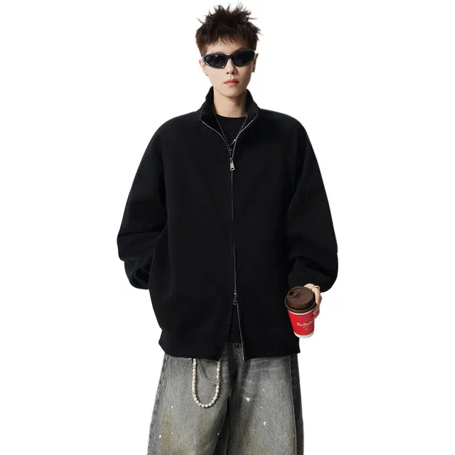 冈哉 美式复古春秋款设计感立领开衫宽松百搭痞帅个性潮流潮牌时尚慵懒感学院风日常通勤柔软舒适亲肤上衣卫衣  男女同款