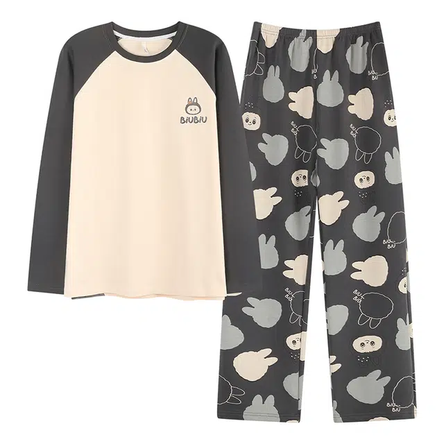 俏霓桐 可爱卡通简约拼色圆领纯棉亲肤宽松休闲长袖长裤家居服可外穿睡衣套装 男款