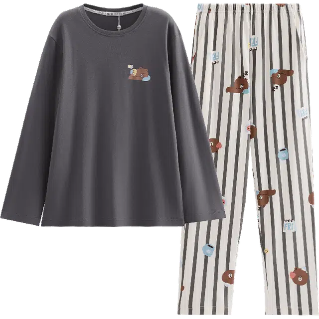 芬腾 布朗熊 情侣春秋季纯棉长袖卡通可爱休闲抗静电家居服睡衣套装 男款