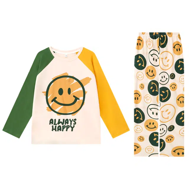 俏霓桐 卡通笑脸学生青少年舒适长袖长裤纯棉圆领可外穿时尚家居服睡衣套装 男款