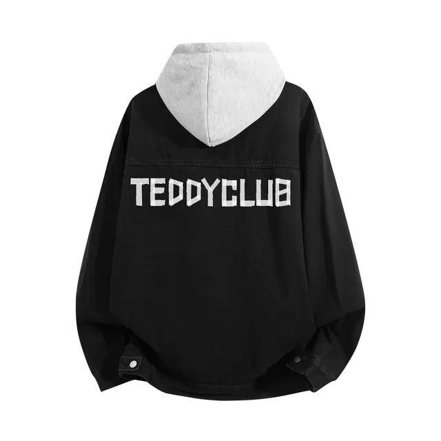 泰迪珍藏 美式复古基础款简约背后英文字母印花假两件秋季开衫夹克穿搭推荐可拆卸连帽设计感学生做旧水洗宽松百搭牛仔外套 男女同款