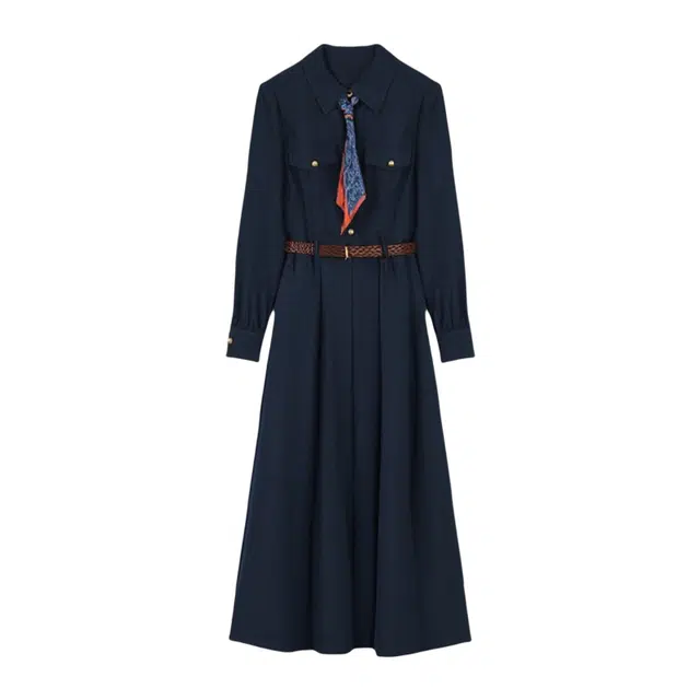 潞优野 通勤都市风仿牛仔翻领收腰长袖连衣裙 女款