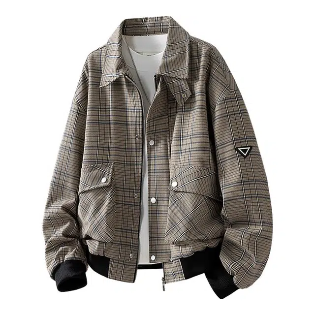 马员外 外套潮流韩版格子加肥宽松翻领夹克 男款