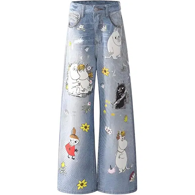 拾个壹先生 美式复古高街小众痞帅潮流趣味卡通印花破洞无性别主义穿搭亲肤柔软时尚个性休闲百搭设计宽松显瘦直筒阔腿裤牛仔裤 男女同款