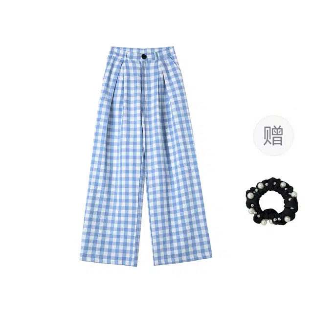雾闪闪 蓝格子高腰宽松女慵懒风显瘦阔腿裤子休闲裤 女款