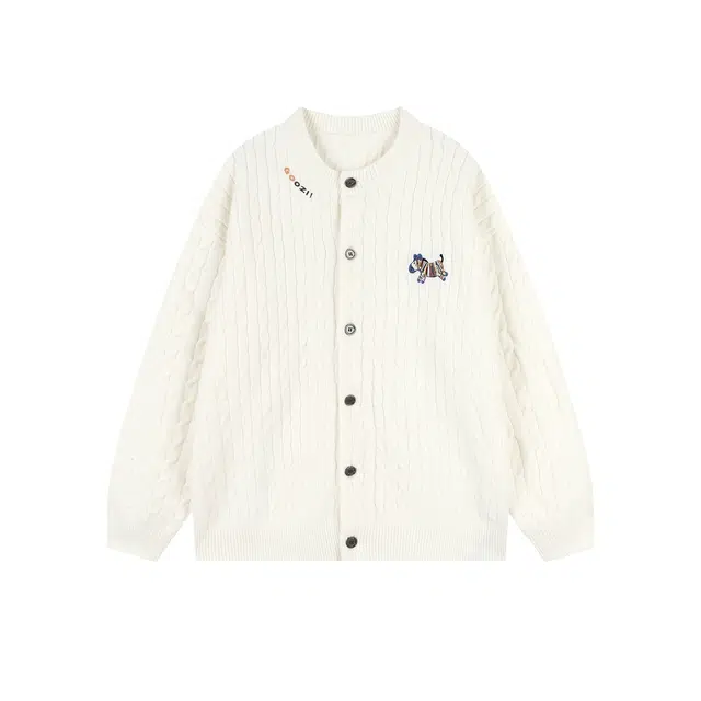 港仔文艺男 美式趣味字母徽章小马彩绣慵懒舒适麻花菱形格单排扣开衫上衣休闲宽松简约百搭毛衣 男女同款