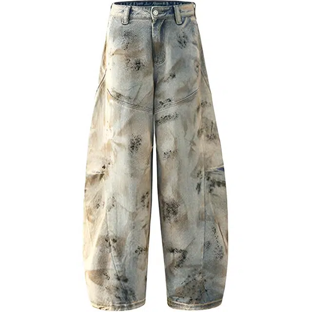 拾个壹先生 美式复古高街小众痞帅黄泥染重工脏洗阔腿裤潮流无性别主义穿搭亲肤柔软时尚个性休闲百搭舒适水洗做旧宽松弯刀裤牛仔裤 男女同款