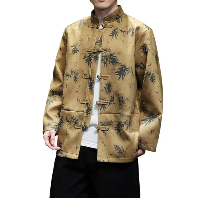 加荣 新中式麂皮绒竹印花夹克外衣男青少年男士帅气学生潮流初中生秋季中国风宽松休闲男装上衣古风长袖衬衫男外套 男女同款