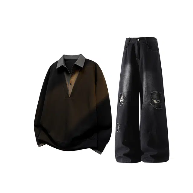 梓润格 假两件翻领大码衬衫领老钱风户外运动时尚潮流百搭无性别主义氛围感高级设计上衣宽松破洞牛仔美式复古阔腿卫衣套装 男女同款