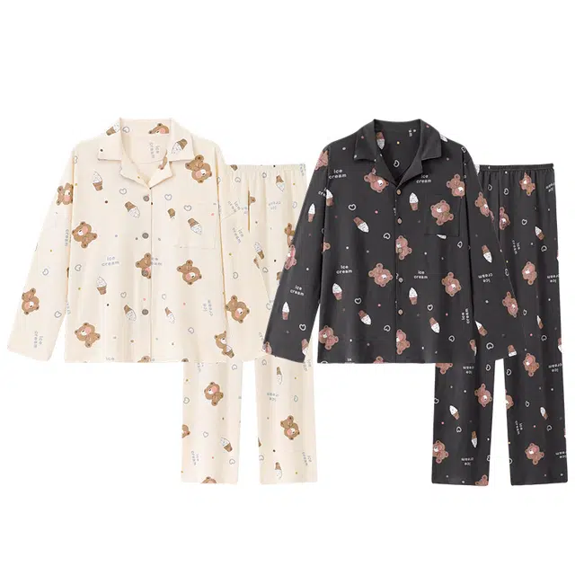 俏韵 翻领卡通春秋季简约印花长袖长裤甜美可爱舒适家居服可外穿睡衣套装 男女同款