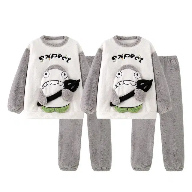 俏韵 圆领卡通冬季加绒保暖简约长袖长裤甜美可爱舒适家居服可外穿睡衣套装 男女同款