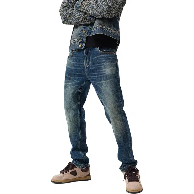 逆腾 秋季弹力长裤男潮牌耐磨修身直筒男裤美式刮烂小脚牛仔裤 男款
